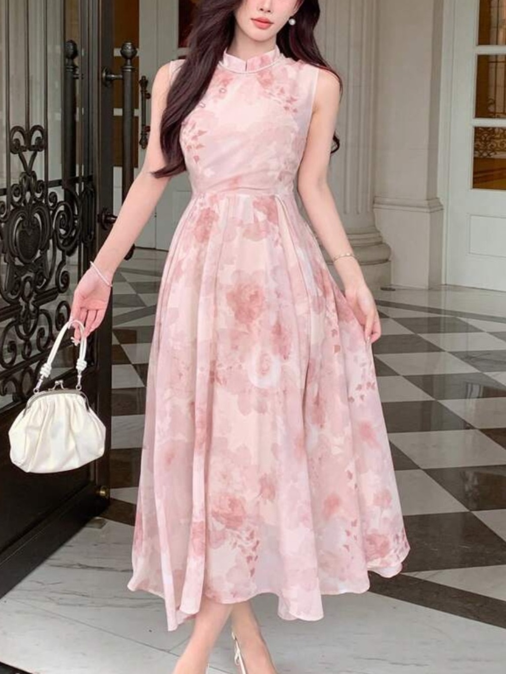 Sleeveless Pink Floral Midi Dress with High Neck